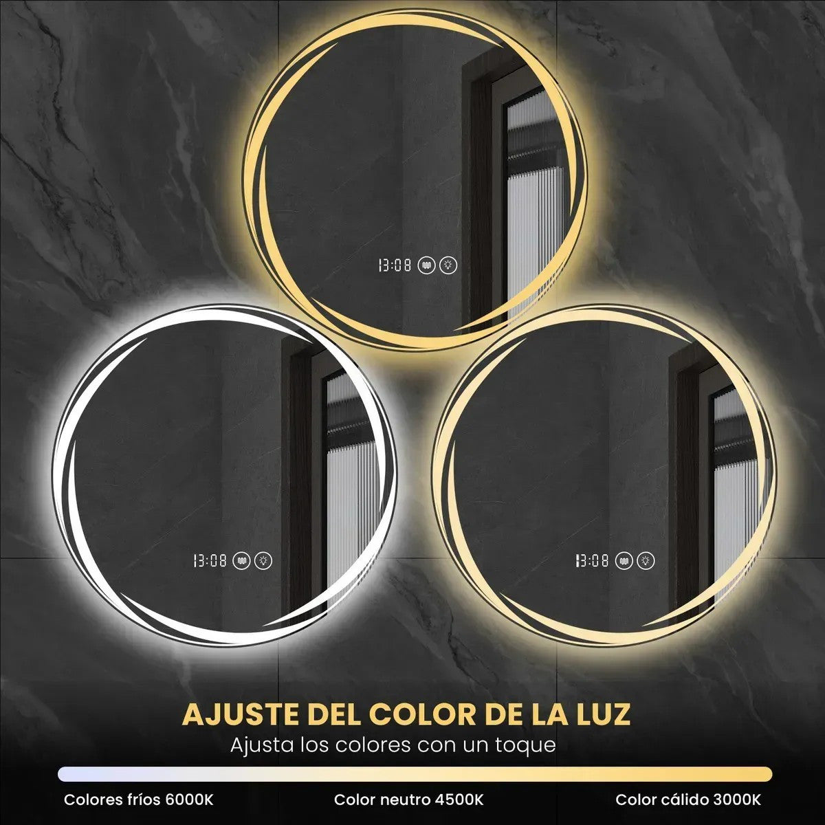 60x60cm Round LED Bathroom Mirror, Frameless Recessed Smart Mirror with Anti-Fog Light, 3 Adjustable Colors & Dual Touch Switch Clock