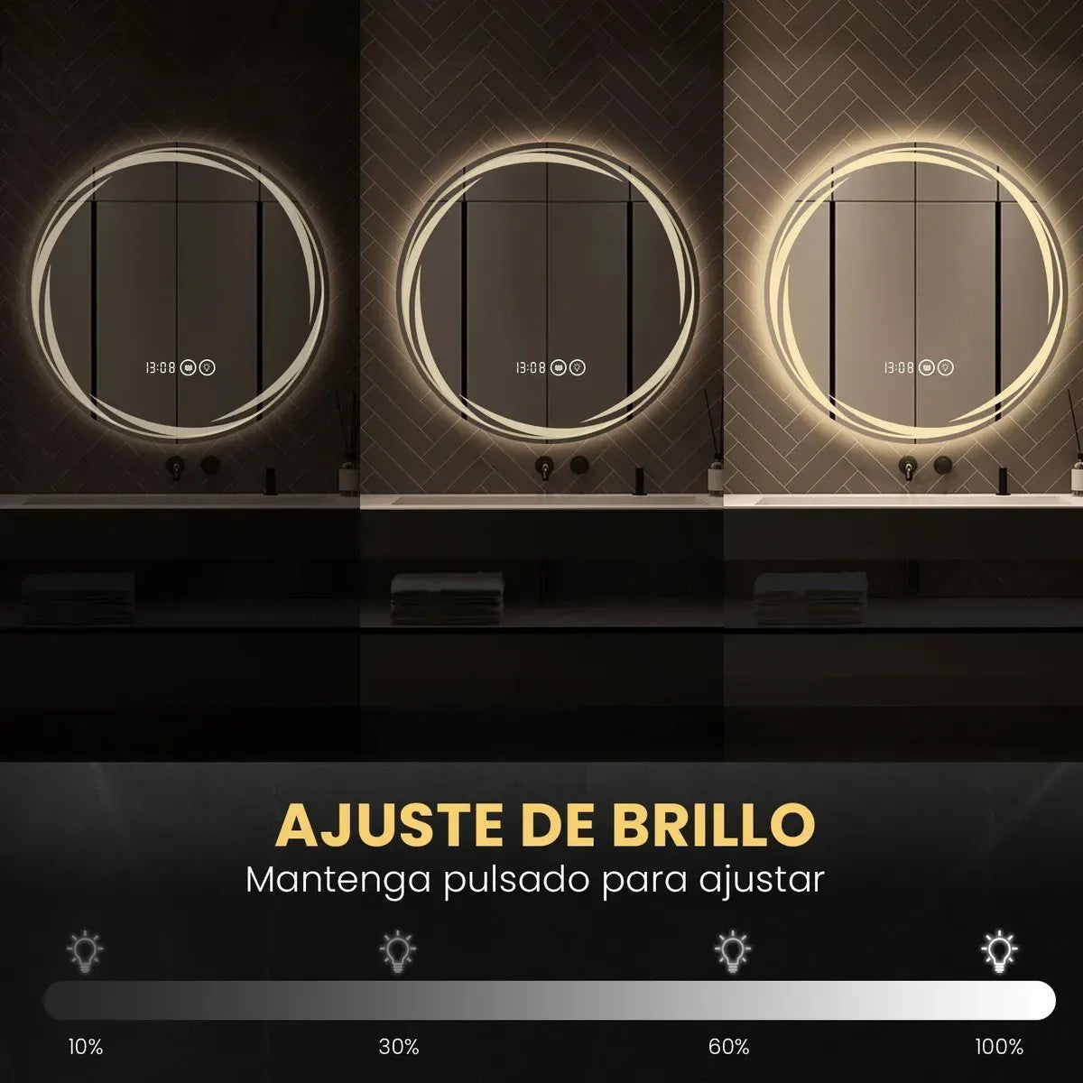 60x60cm Round LED Bathroom Mirror, Frameless Recessed Smart Mirror with Anti-Fog Light, 3 Adjustable Colors & Dual Touch Switch Clock