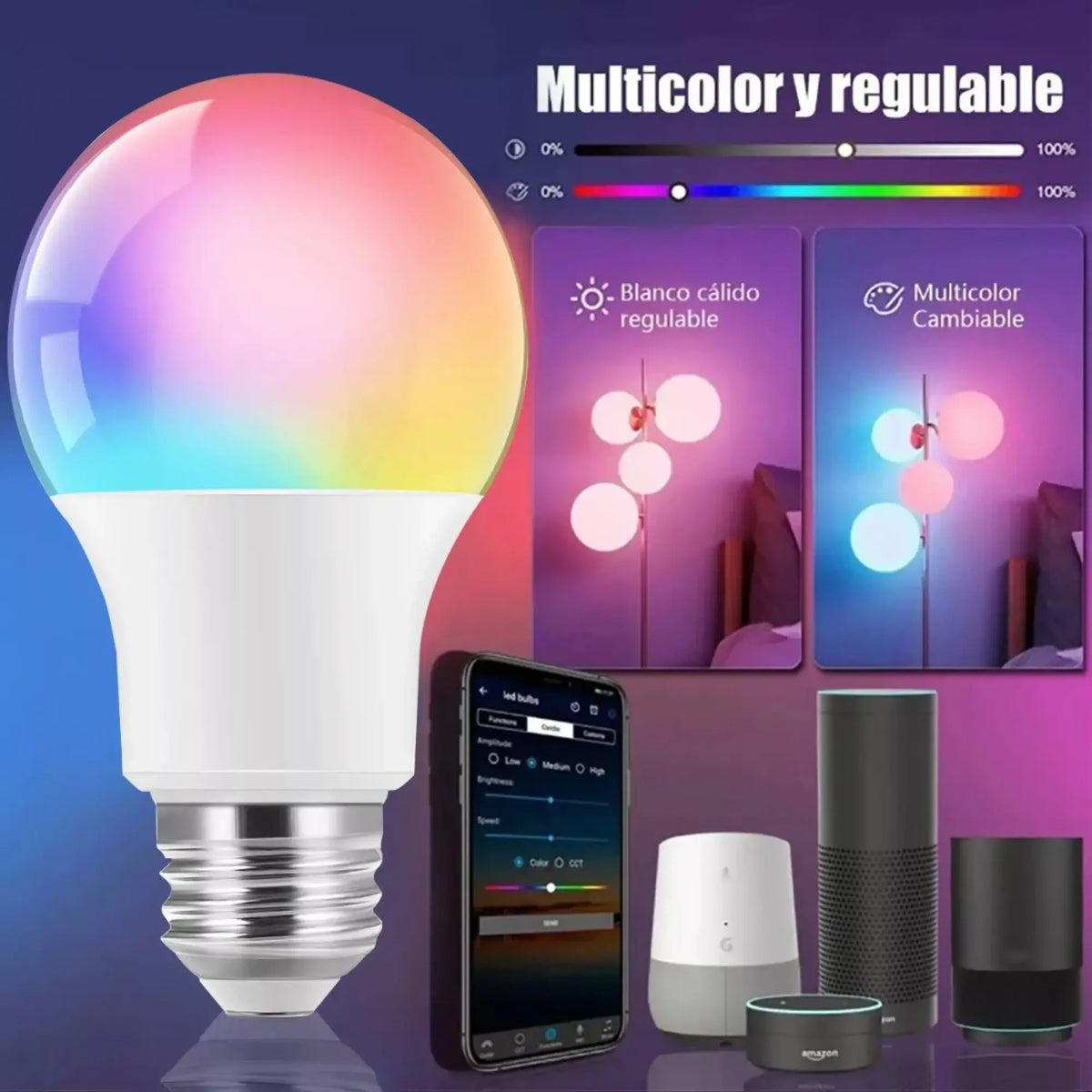 Foco inteligente E27 con control desde la aplicación, modos de luz blanca y RGB