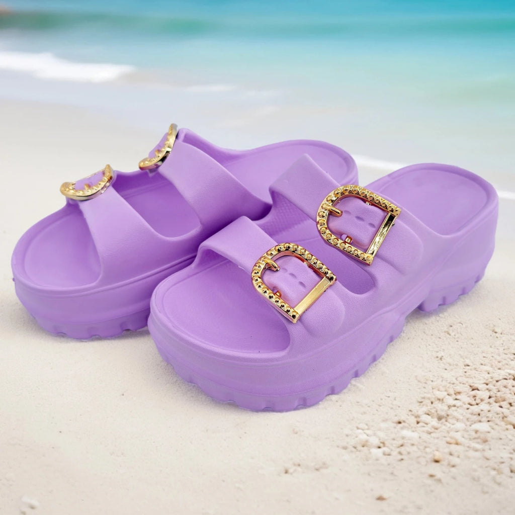 Sandalias doradas de doble hebilla: diseño femenino con suela gruesa de EVA, ideales para el día a día.