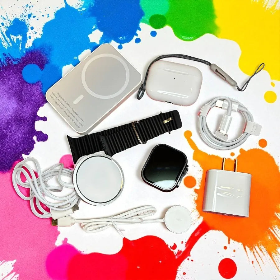 Kit de 6 Piezas con Smart Watch, Batería, Cargador Magnético y Audífonos, Presentado en Caja Roja Ideal para Regalo, Perfecto para Deportes, Música y Uso Diario