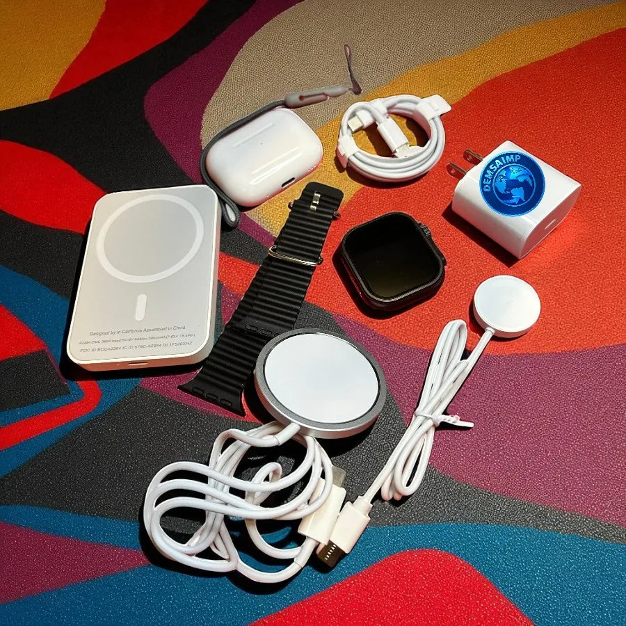 Kit de 6 Piezas con Smart Watch, Batería, Cargador Magnético y Audífonos, Presentado en Caja Roja Ideal para Regalo, Perfecto para Deportes, Música y Uso Diario