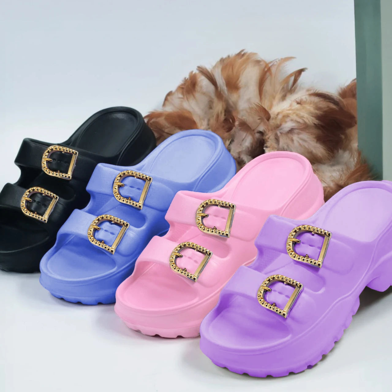 Sandalias doradas de doble hebilla: diseño femenino con suela gruesa de EVA, ideales para el día a día.