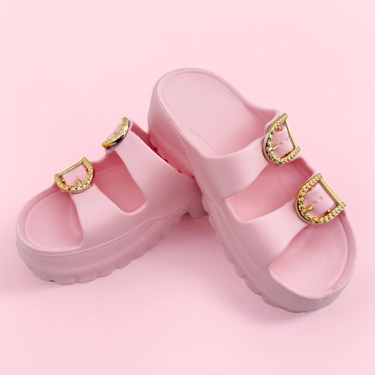 Sandalias doradas de doble hebilla: diseño femenino con suela gruesa de EVA, ideales para el día a día.