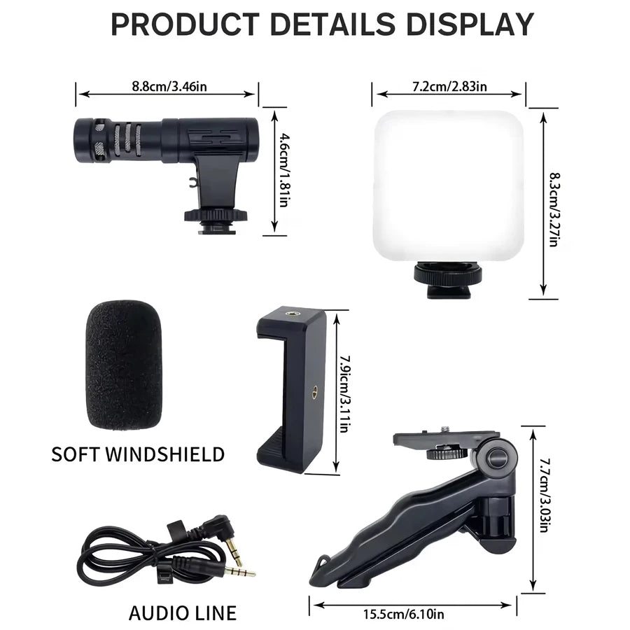 Kit 1 con iluminación y trípode de mano para micrófono | Luz LED de estudio, mini trípode portátil profesional para grabar todo tipo de vídeos