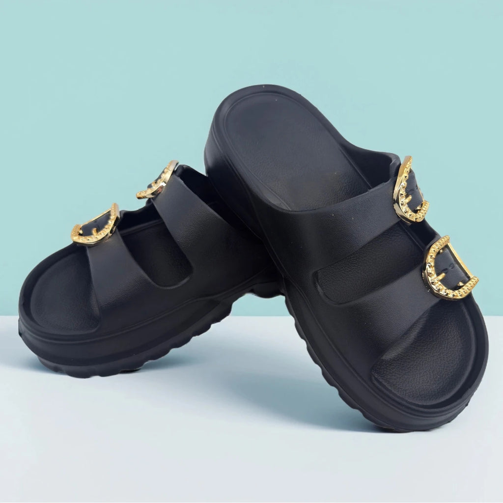 Sandalias doradas de doble hebilla: diseño femenino con suela gruesa de EVA, ideales para el día a día.