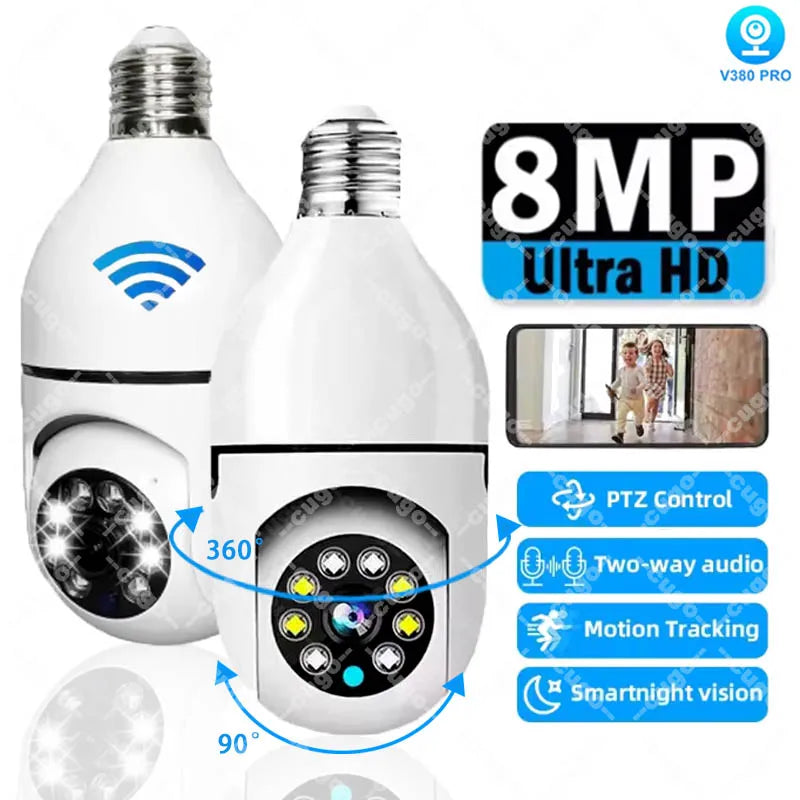 Cámara de vigilancia con bombilla E27 de 8 MP, wifi, IP, PTZ, CCTV, zoom de x10, visión nocturna a color, seguimiento humano, monitor de seguridad para bebés.