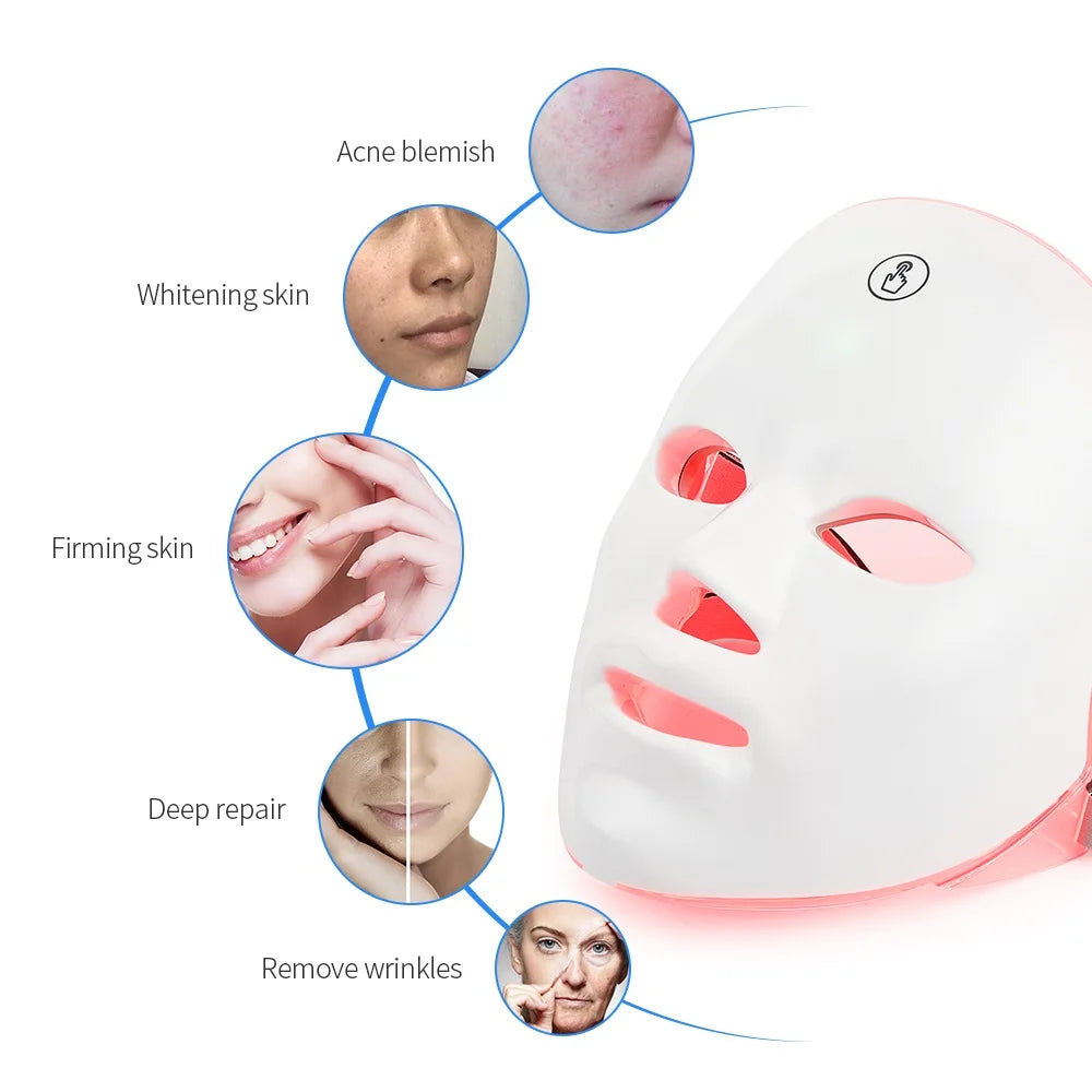 Máscara facial LED recargable de 7 colores, fotones LED, rejuvenecimiento de la piel, lifting facial casero, blanqueamiento, cuidado de la piel.