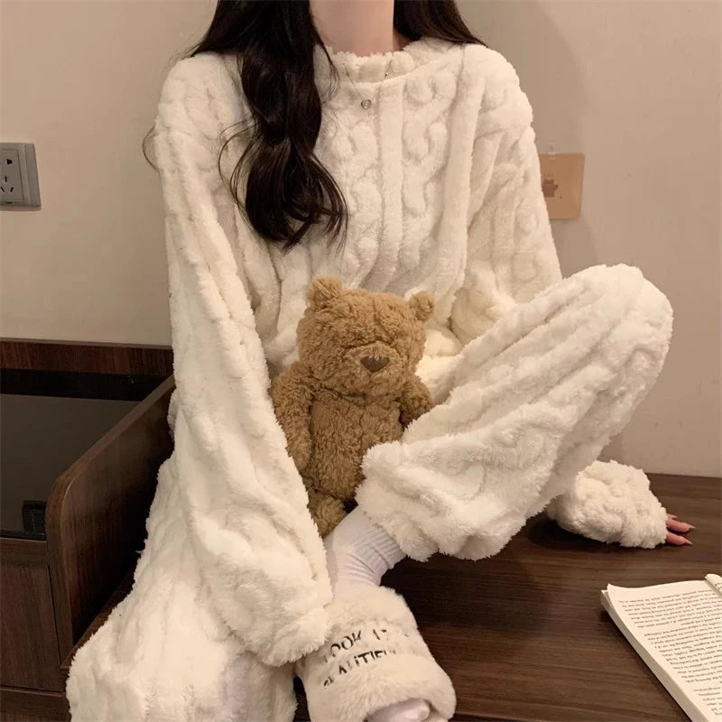 Conjunto de pijama cálido de terciopelo suave de invierno para mujer, ropa de dormir a rayas minimalista lisa, ropa de dormir cómoda para mujer, nuevo