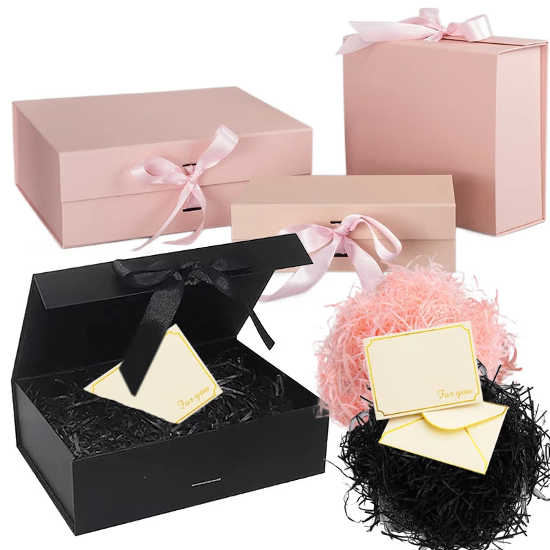 Magnetic Gift Box Kit with Lafite Grass and Greeting Cards Black / Pink Holiday Party Valentine's Day Gifts Folding Box TMZ