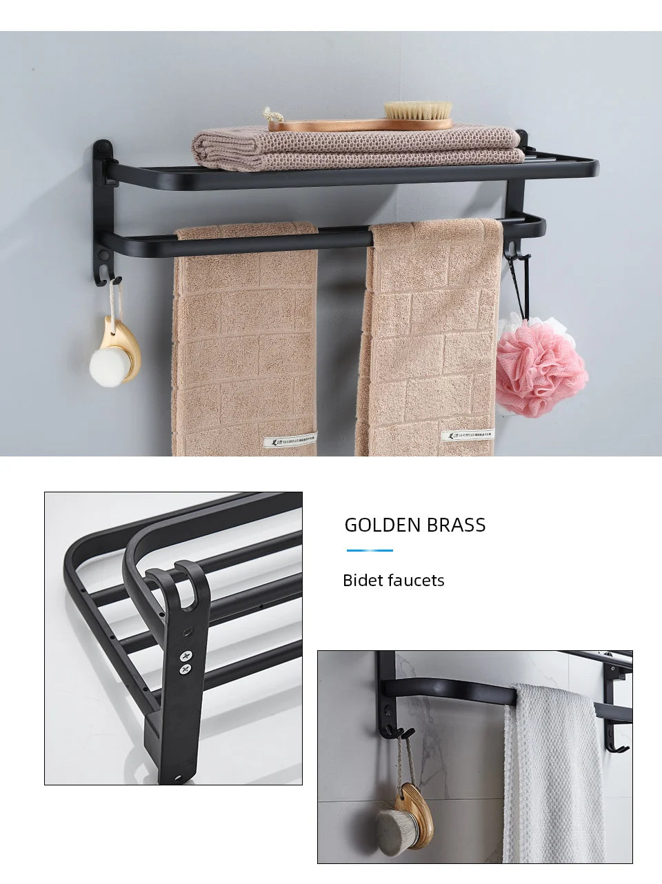 Toallero plegable de aluminio de 50 cm con gancho para pared, color negro mate