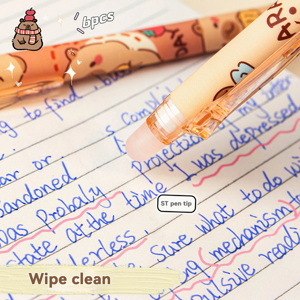 Bolígrafos borrables Capybara, 6 unidades, recargables, de gel, sin manchas, bonitos animales, útiles escolares para estudiantes, papelería de oficina, regalos.