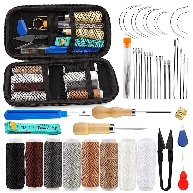 Kit de costura de cuero de 54 piezas, kit de reparación de tapicería con punzón, tijeras y herramientas para principiantes y profesionales, manualidades de cuero.