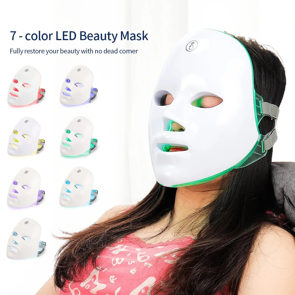 Máscara facial LED recargable de 7 colores, fotones LED, rejuvenecimiento de la piel, lifting facial casero, blanqueamiento, cuidado de la piel.