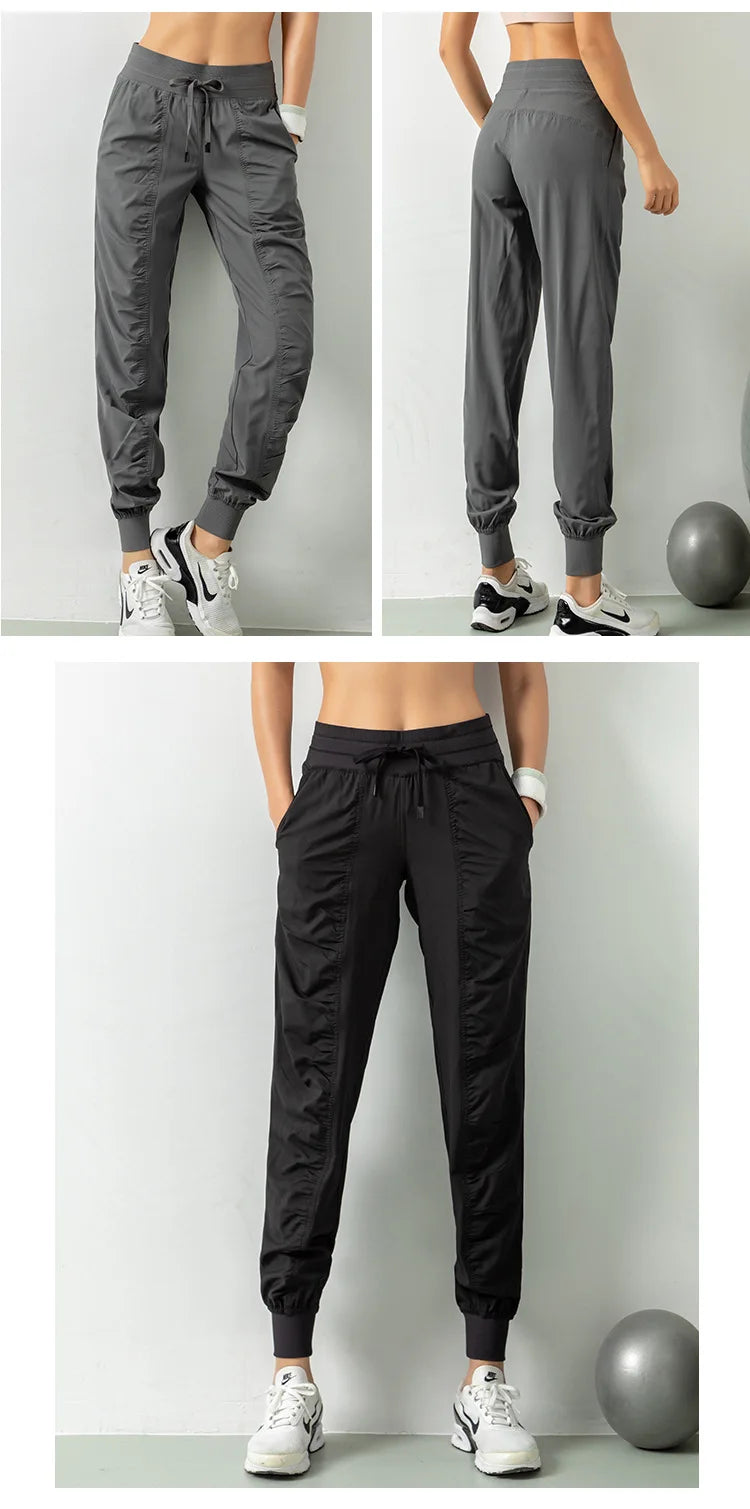 Pantalones deportivos de tela con cordón para correr, de secado rápido, para mujer, para gimnasio, fitness, con bolsillos laterales, para hacer ejercicio.