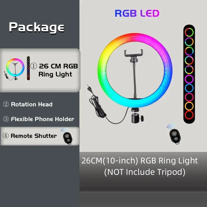Aro de luz RGB redonda con control remoto para teléfono inteligente, anillo de luz LED para video móvil para maquillaje, YouTube, iluminación fotográfica.