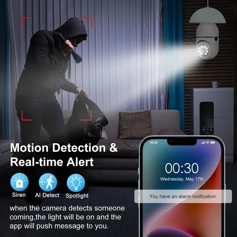 Cámara de vigilancia con bombilla E27 de 8 MP, wifi, IP, PTZ, CCTV, zoom de x10, visión nocturna a color, seguimiento humano, monitor de seguridad para bebés.