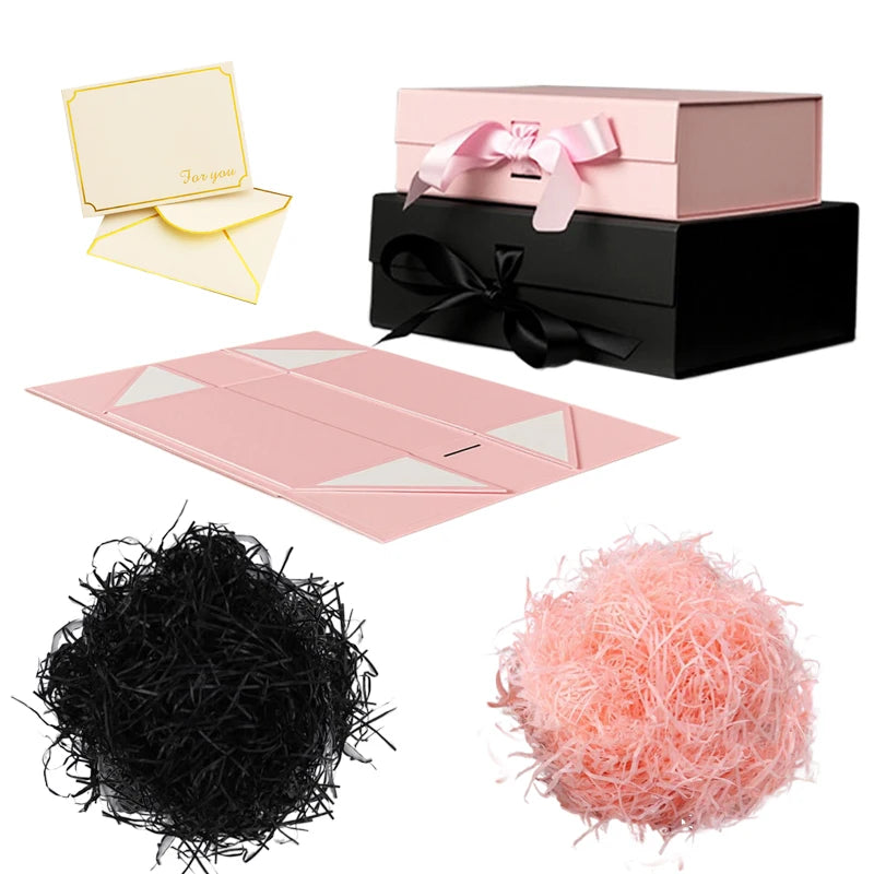 Magnetic Gift Box Kit with Lafite Grass and Greeting Cards Black / Pink Holiday Party Valentine's Day Gifts Folding Box TMZ