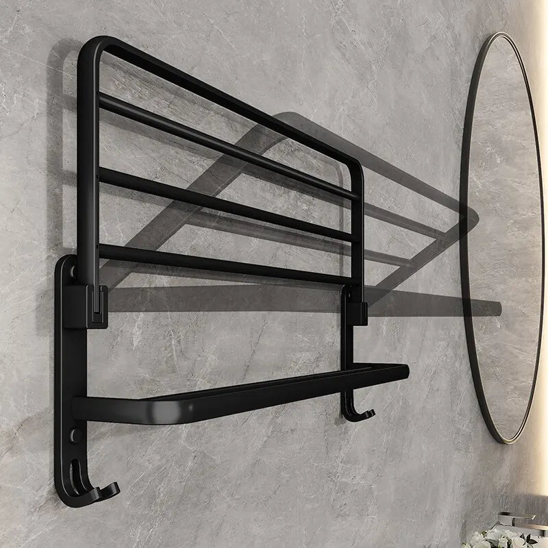 Toallero plegable de aluminio de 50 cm con gancho para pared, color negro mate