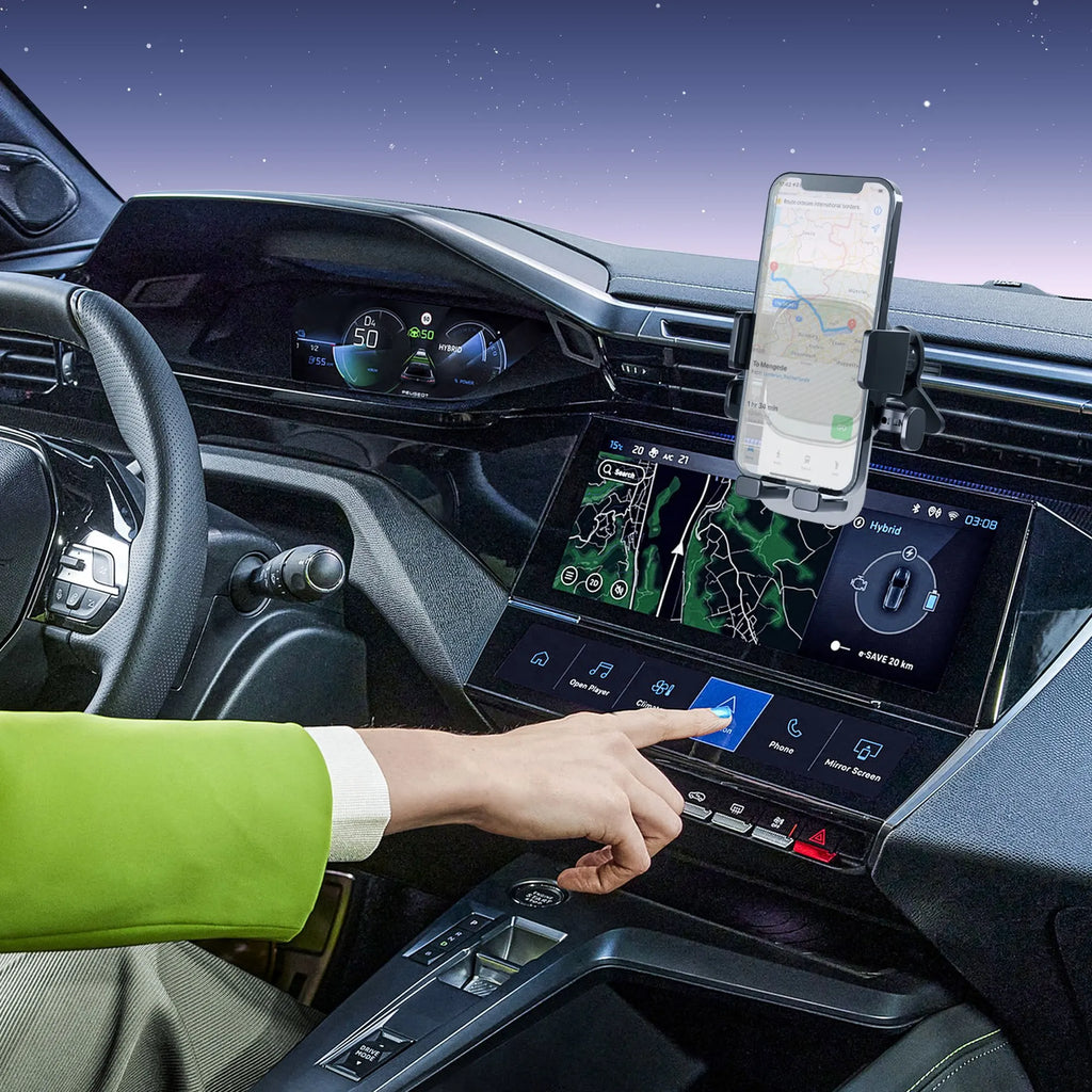 Soporte Celular Automóvil, Base Porta Móvil Auto Giratorio 360° con Gancho Metálico y Botón de Liberación, Uso con Una Sola Mano