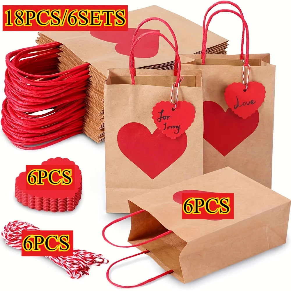 18 bolsas de regalo de papel kraft con forma de corazón, con asas y etiquetas, en rojo y marrón, perfectas para San Valentín, cumpleaños y más.