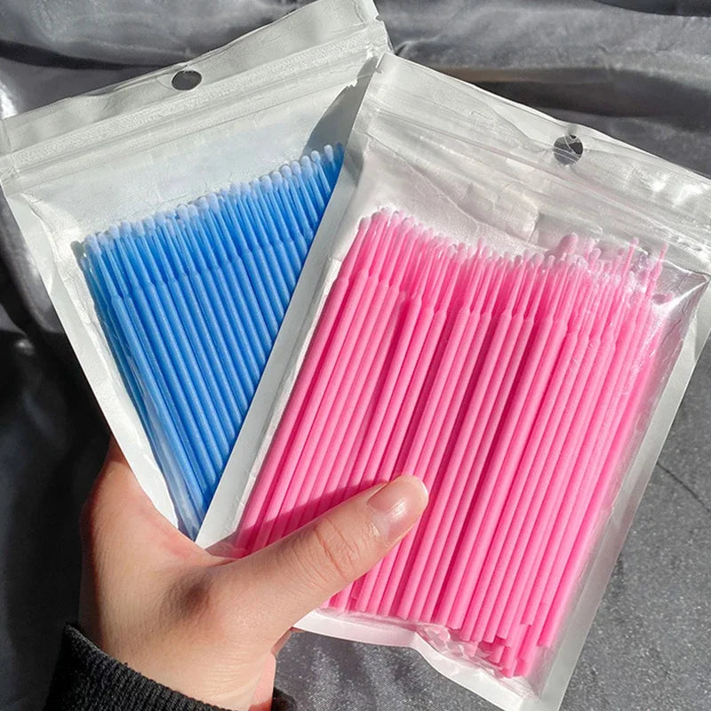 Cepillos de limpieza para pestañas, 100 unidades, para extensiones de pestañas, microhisopos de algodón, individuales, para desmaquillar y limpiar.