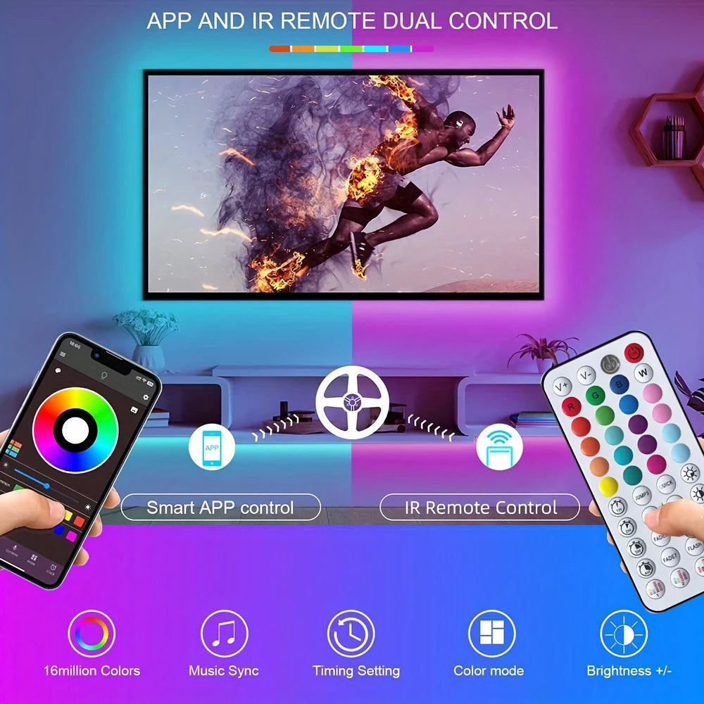 Tira de luces LED con sincronización musical, control por aplicación, cinta flexible para decoración del hogar, fiestas, retroiluminación de TV.