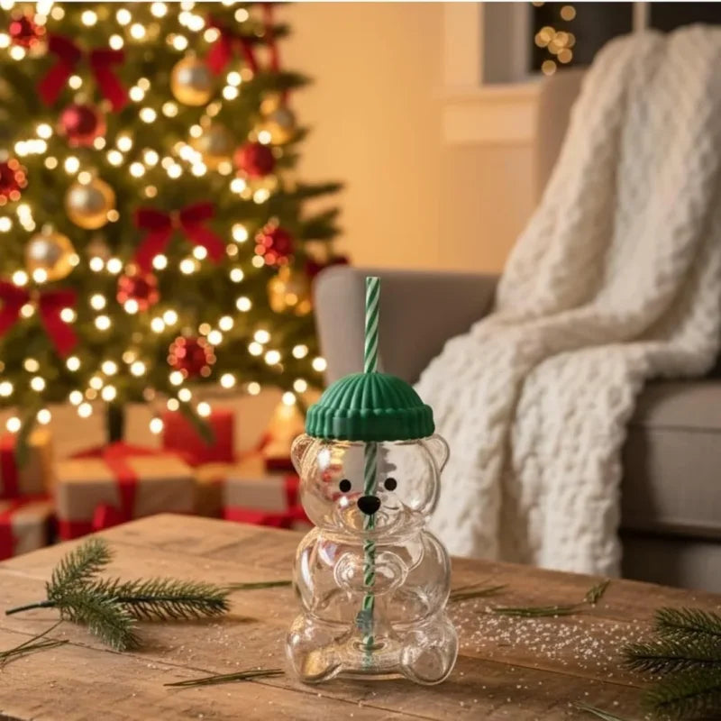 New For Starbucks Cute Animal Bear Straw Glass Transparent Glass For Men Women Birthday Christmas Gift Milk Tea Cup With Straw