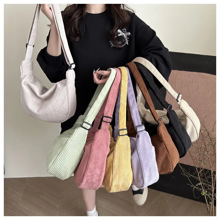 Bolsos de hombro informales de pana ligera para mujer, bolsos cruzados sencillos de color liso, bolsos de viaje a la moda para mujer
