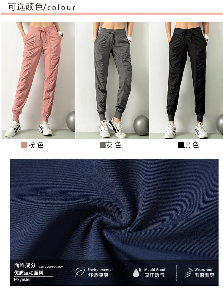 Pantalones deportivos de tela con cordón para correr, de secado rápido, para mujer, para gimnasio, fitness, con bolsillos laterales, para hacer ejercicio.