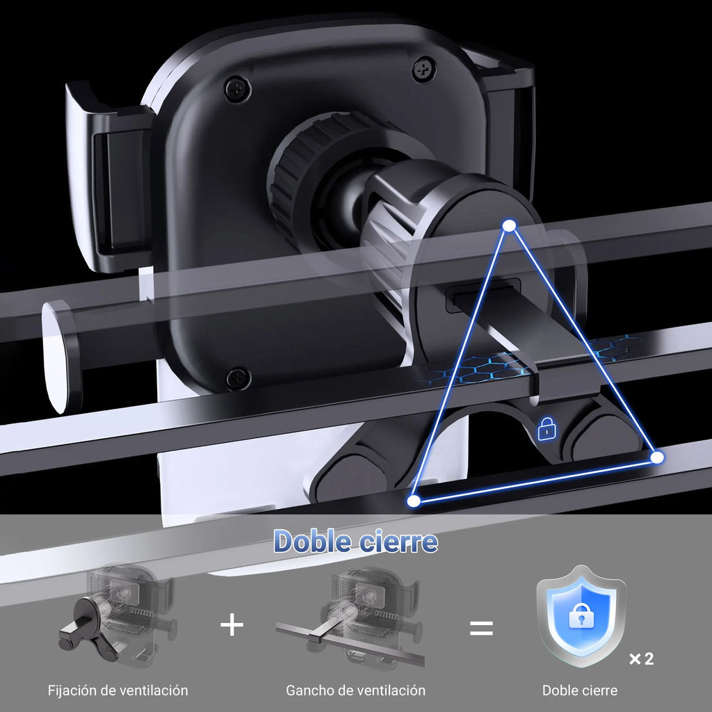 Soporte Celular Automóvil, Base Porta Móvil Auto Giratorio 360° con Gancho Metálico y Botón de Liberación, Uso con Una Sola Mano