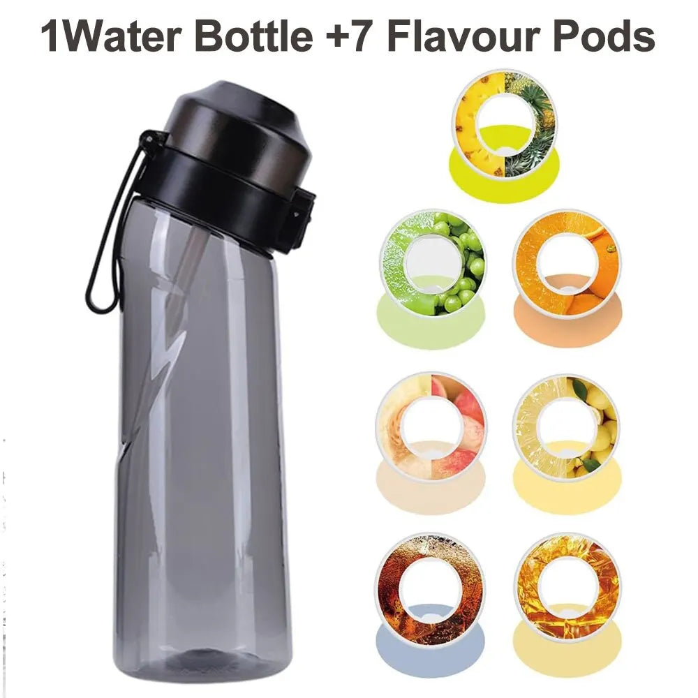 Botella de agua con sabor de 650 ml, ideal para deportes, con 7 cápsulas aromáticas de frutas, ideal para acampar al aire libre, fitness y moda.