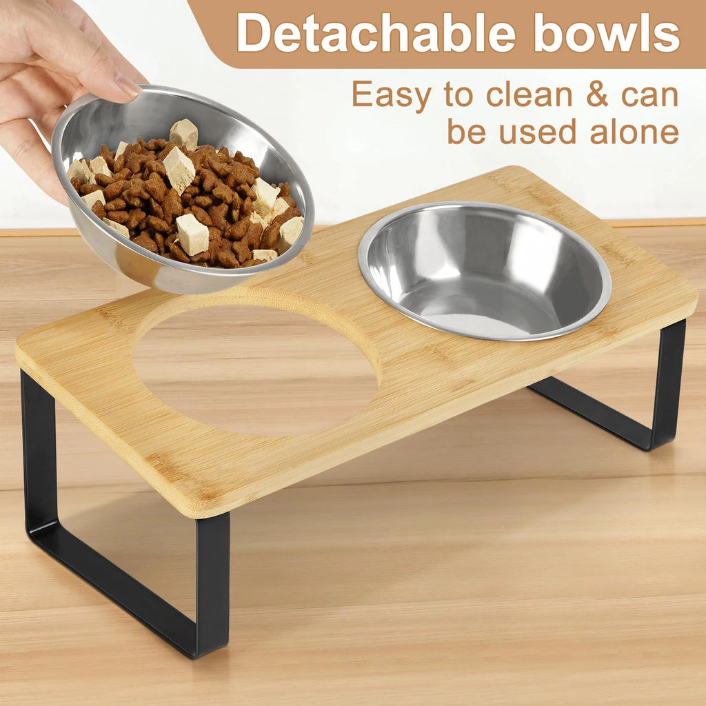 Comedero elevado para gatos con inclinación de 15° y soporte de madera. Dos cuencos de acero inoxidable para gatos y cachorros.