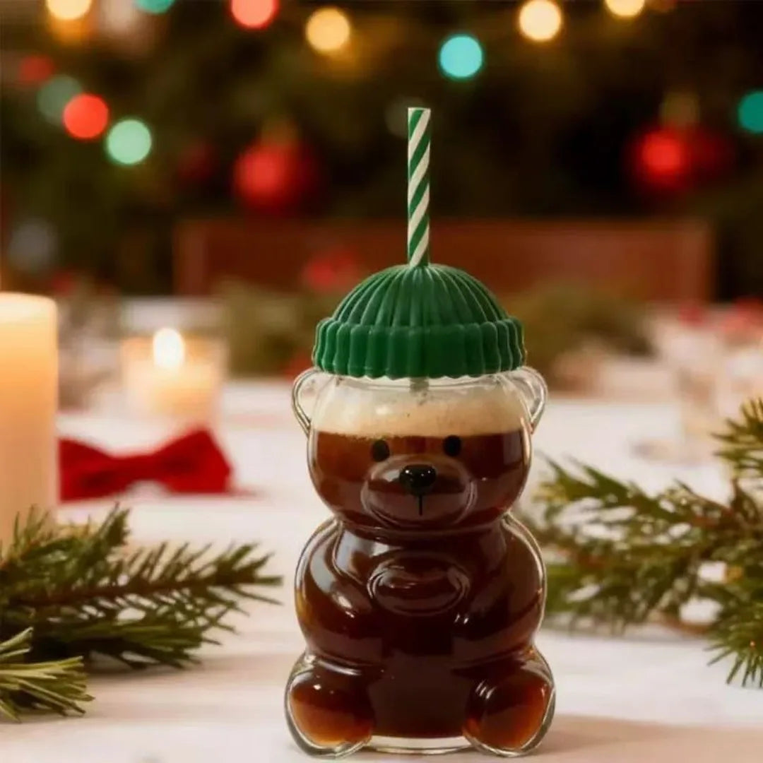 New For Starbucks Cute Animal Bear Straw Glass Transparent Glass For Men Women Birthday Christmas Gift Milk Tea Cup With Straw