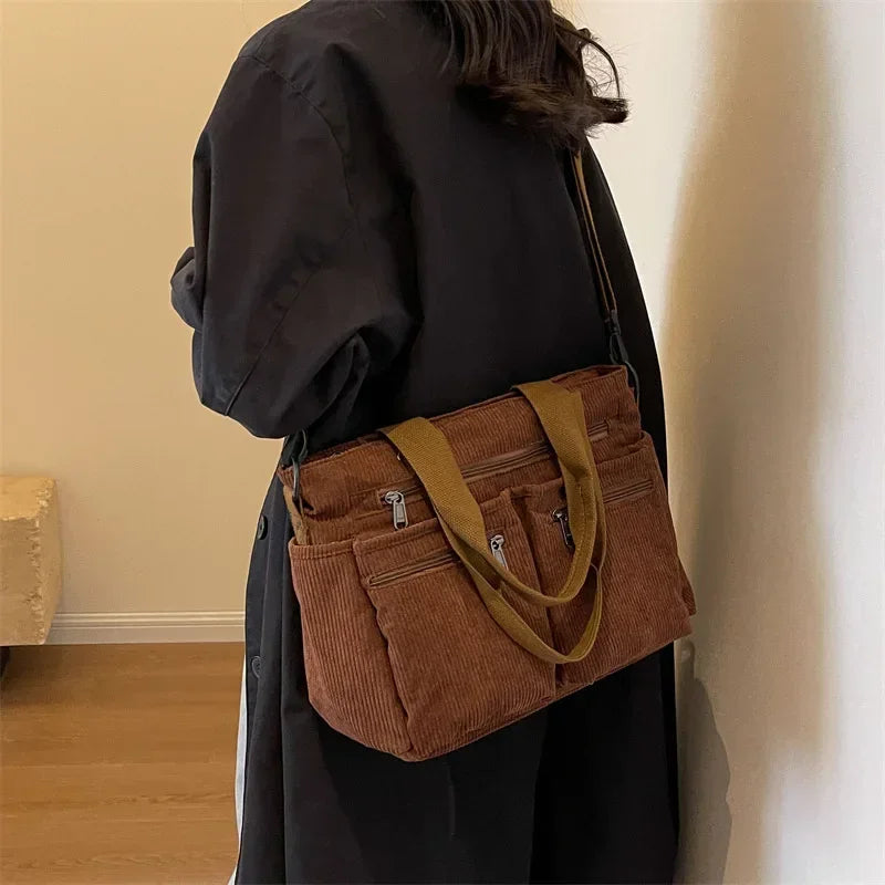 Bolsos Tote de pana para dama, de gran capacidad, portátiles, de hombro, de varias capas.