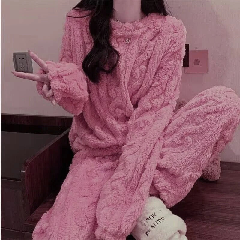 Conjunto de pijama cálido de terciopelo suave de invierno para mujer, ropa de dormir a rayas minimalista lisa, ropa de dormir cómoda para mujer, nuevo