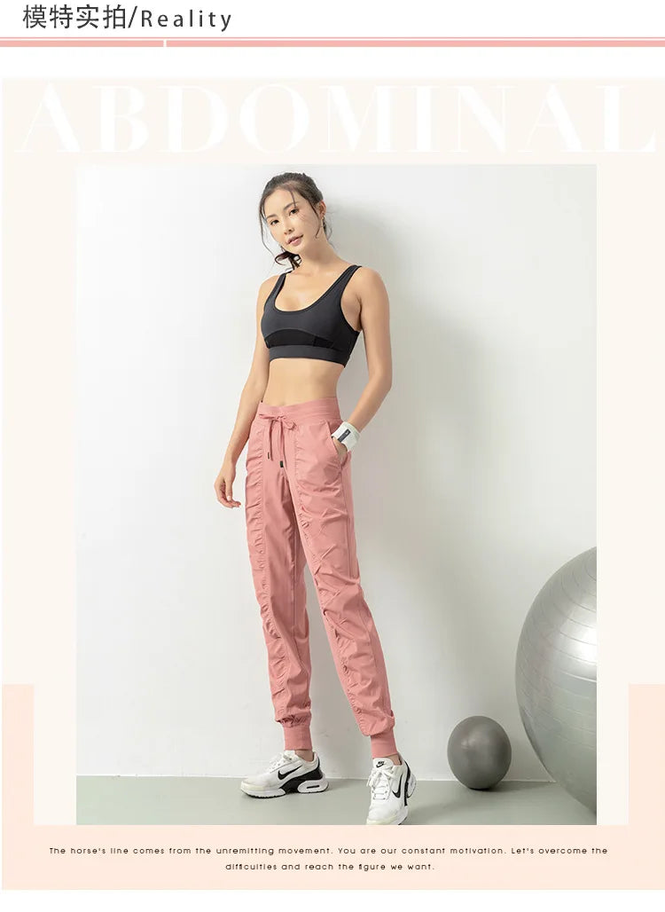 Pantalones deportivos de tela con cordón para correr, de secado rápido, para mujer, para gimnasio, fitness, con bolsillos laterales, para hacer ejercicio.