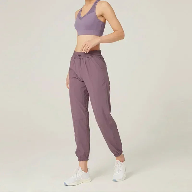 Pantalones deportivos de tela con cordón para correr, de secado rápido, para mujer, para gimnasio, fitness, con bolsillos laterales, para hacer ejercicio.