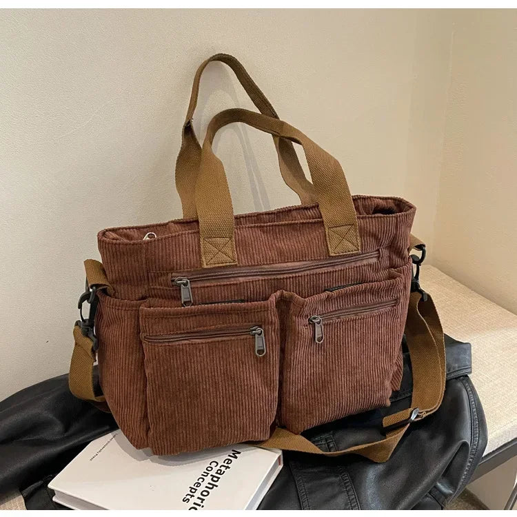 Bolsos Tote de pana para dama, de gran capacidad, portátiles, de hombro, de varias capas.