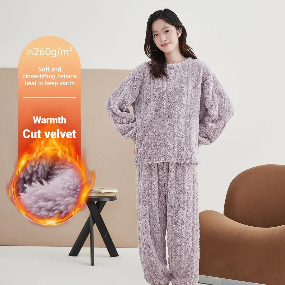 Conjunto de pijama cálido de terciopelo suave de invierno para mujer, ropa de dormir a rayas minimalista lisa, ropa de dormir cómoda para mujer, nuevo