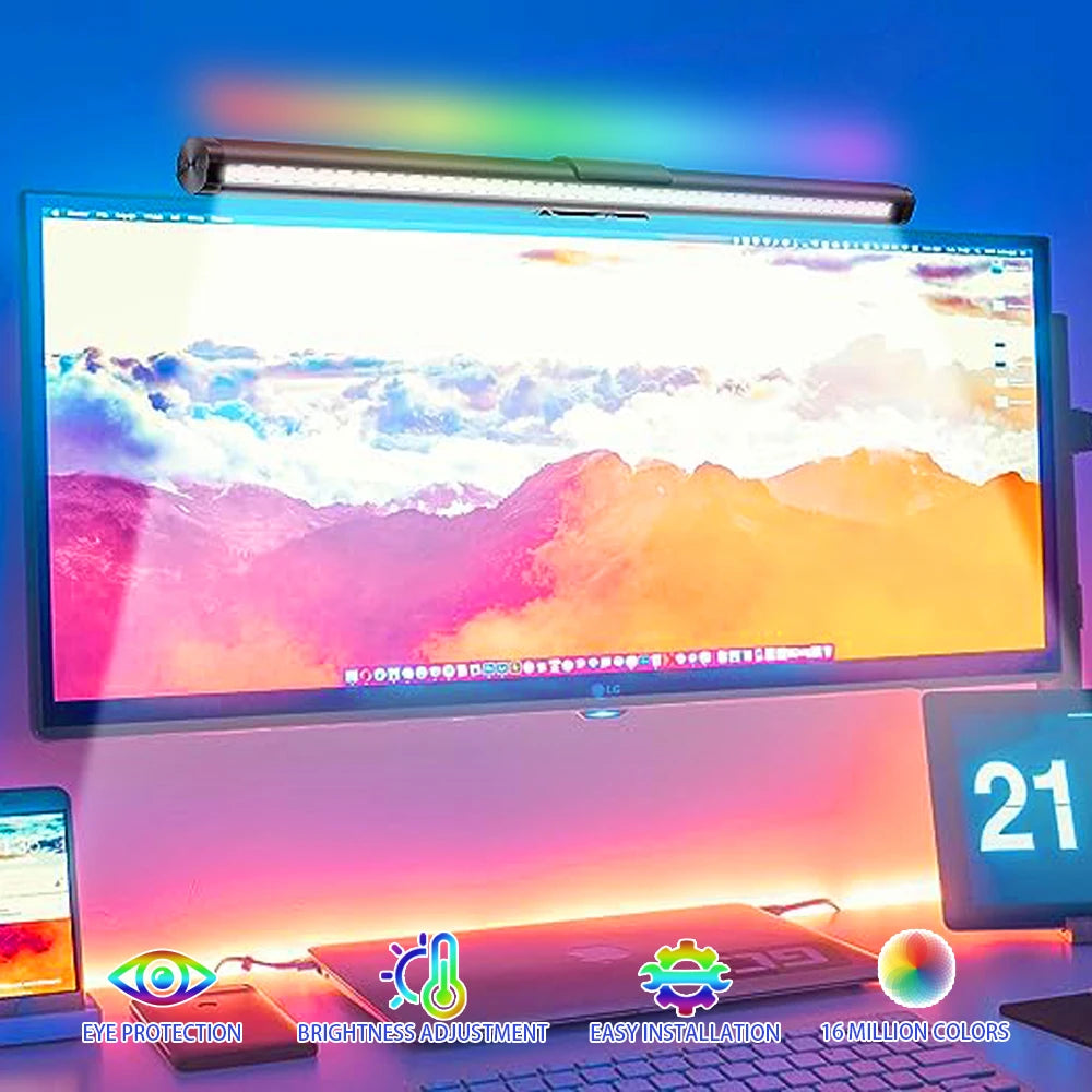 Barra de luz LED para monitor de computadora, luces colgantes RGB, lámpara de mesa para trabajar, estudiar, leer, jugar, iluminación atenuable de 44 cm