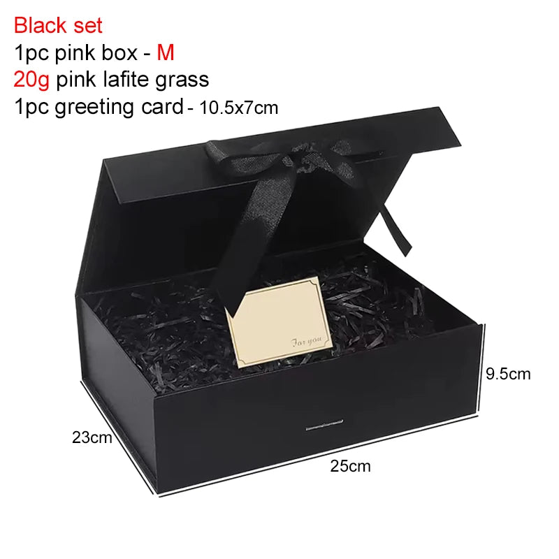 Magnetic Gift Box Kit with Lafite Grass and Greeting Cards Black / Pink Holiday Party Valentine's Day Gifts Folding Box TMZ