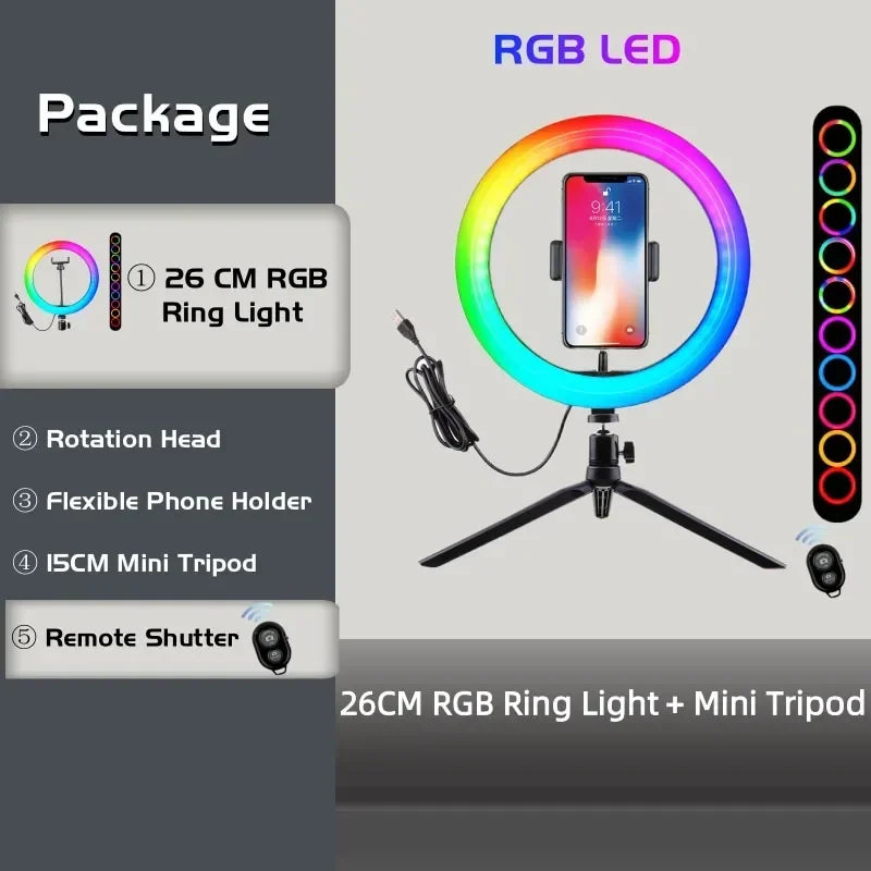 Aro de luz RGB redonda con control remoto para teléfono inteligente, anillo de luz LED para video móvil para maquillaje, YouTube, iluminación fotográfica.