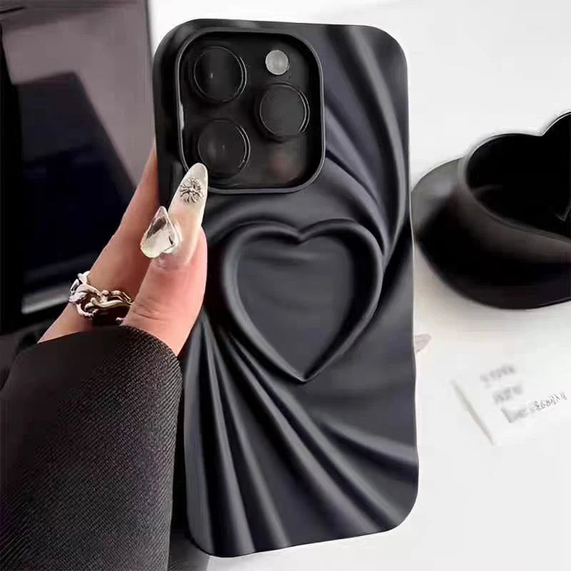 Funda de silicona con diseño de corazón 3D y pliegues para iPhone 15, 14, 13, 16 Pro Max Plus, 17, 12 y 11 Pro Max, suave y completa.