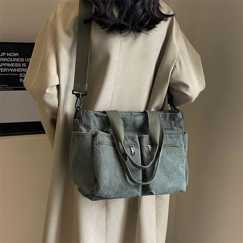 Bolsos Tote de pana para dama, de gran capacidad, portátiles, de hombro, de varias capas.