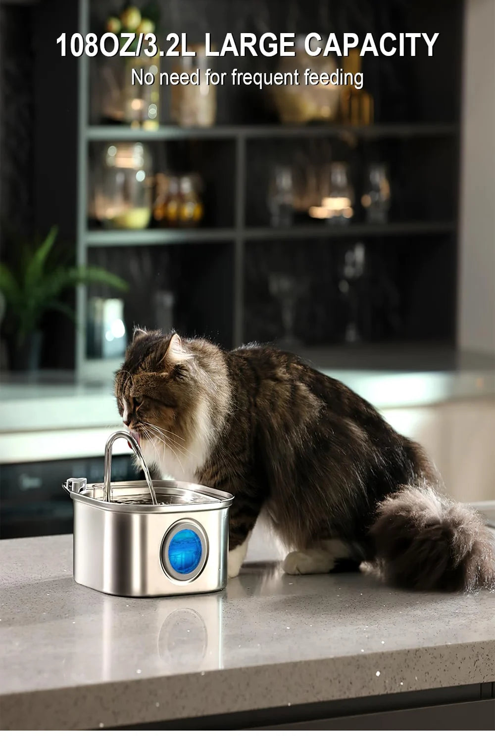 Alimentador de agua para mascotas de acero inoxidable de 3.2L, fuente automática para gatos, dispensador de agua inteligente para perros, bebedero con ventana visual, accesorios para mascotas
