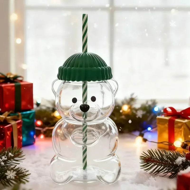 New For Starbucks Cute Animal Bear Straw Glass Transparent Glass For Men Women Birthday Christmas Gift Milk Tea Cup With Straw