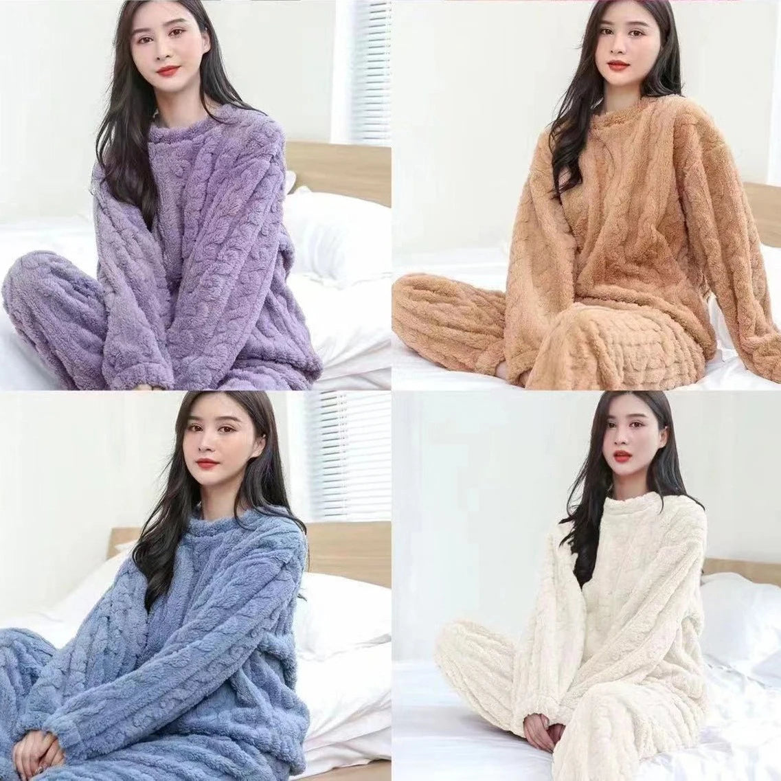 Conjunto de pijama cálido de terciopelo suave de invierno para mujer, ropa de dormir a rayas minimalista lisa, ropa de dormir cómoda para mujer, nuevo