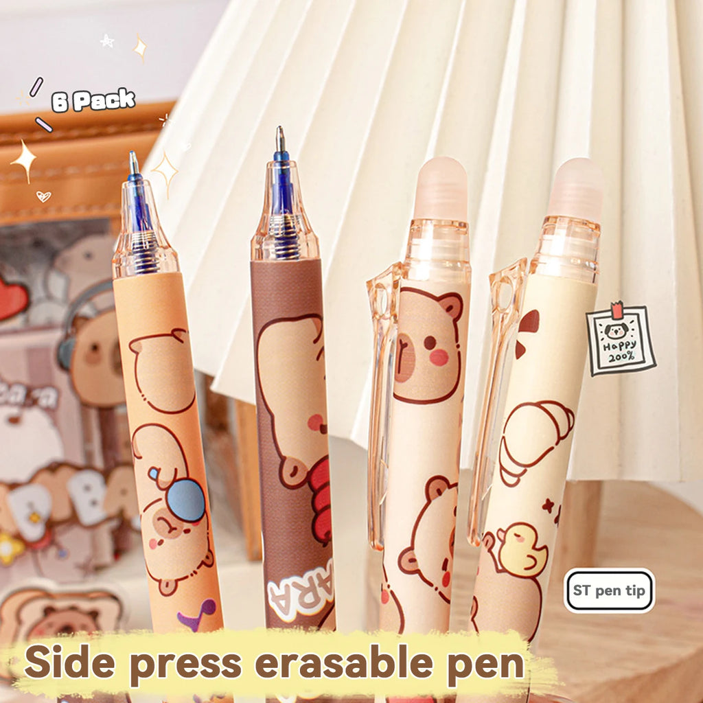 Bolígrafos borrables Capybara, 6 unidades, recargables, de gel, sin manchas, bonitos animales, útiles escolares para estudiantes, papelería de oficina, regalos.