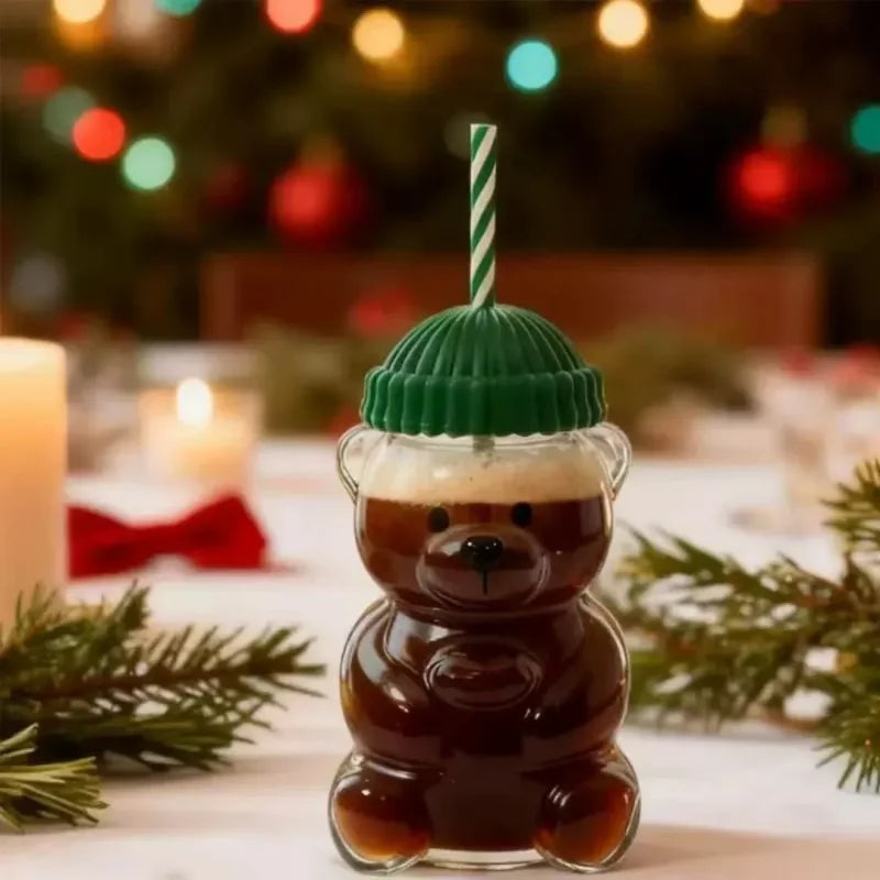 New For Starbucks Cute Animal Bear Straw Glass Transparent Glass For Men Women Birthday Christmas Gift Milk Tea Cup With Straw